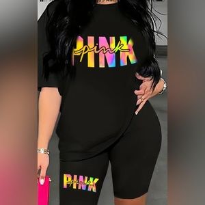 🆕 Pink Ladies Multi-Colored Short Set. Shorts are Legging Material. Large